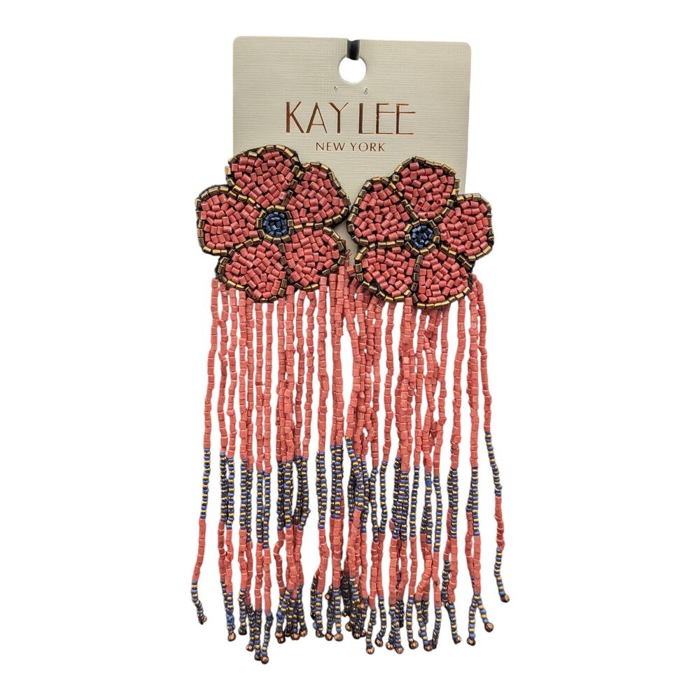 Kay Lee New York Beaded Flower Fringe Earrings